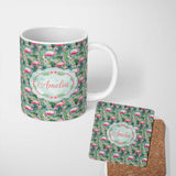 Personalized Custom Name Flamingo Birds Botanical Floral Jungle Seamless Pattern Name Cute 11oz Ceramic Coffee Tea Mug White Large Handle