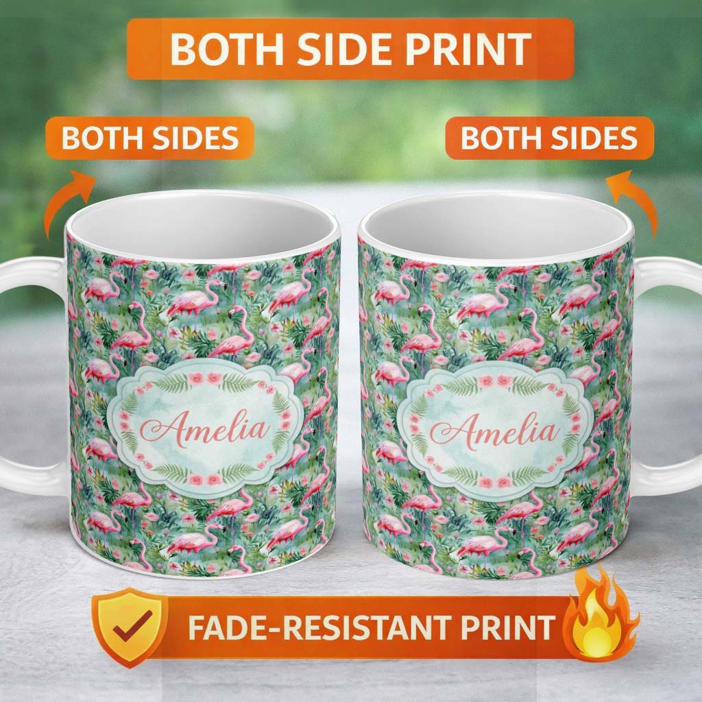 Personalized Custom Name Flamingo Birds Botanical Floral Jungle Seamless Pattern Name Cute 11oz Ceramic Coffee Tea Mug White Large Handle