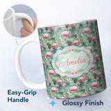 Personalized Custom Name Flamingo Birds Botanical Floral Jungle Seamless Pattern Name Cute 11oz Ceramic Coffee Tea Mug White Large Handle