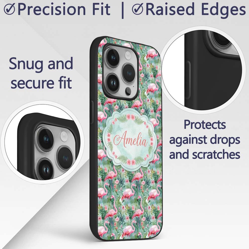 Flamingo Birds Botanical Floral Jungle Seamless Custom Name Protective Phone Case Mobile Cover Durable Everyday Smartphone Shock Resistant