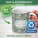 Personalized Custom Name Flamingo Birds Botanical Floral Jungle Seamless Pattern Name Cute 11oz Ceramic Coffee Tea Mug White Large Handle
