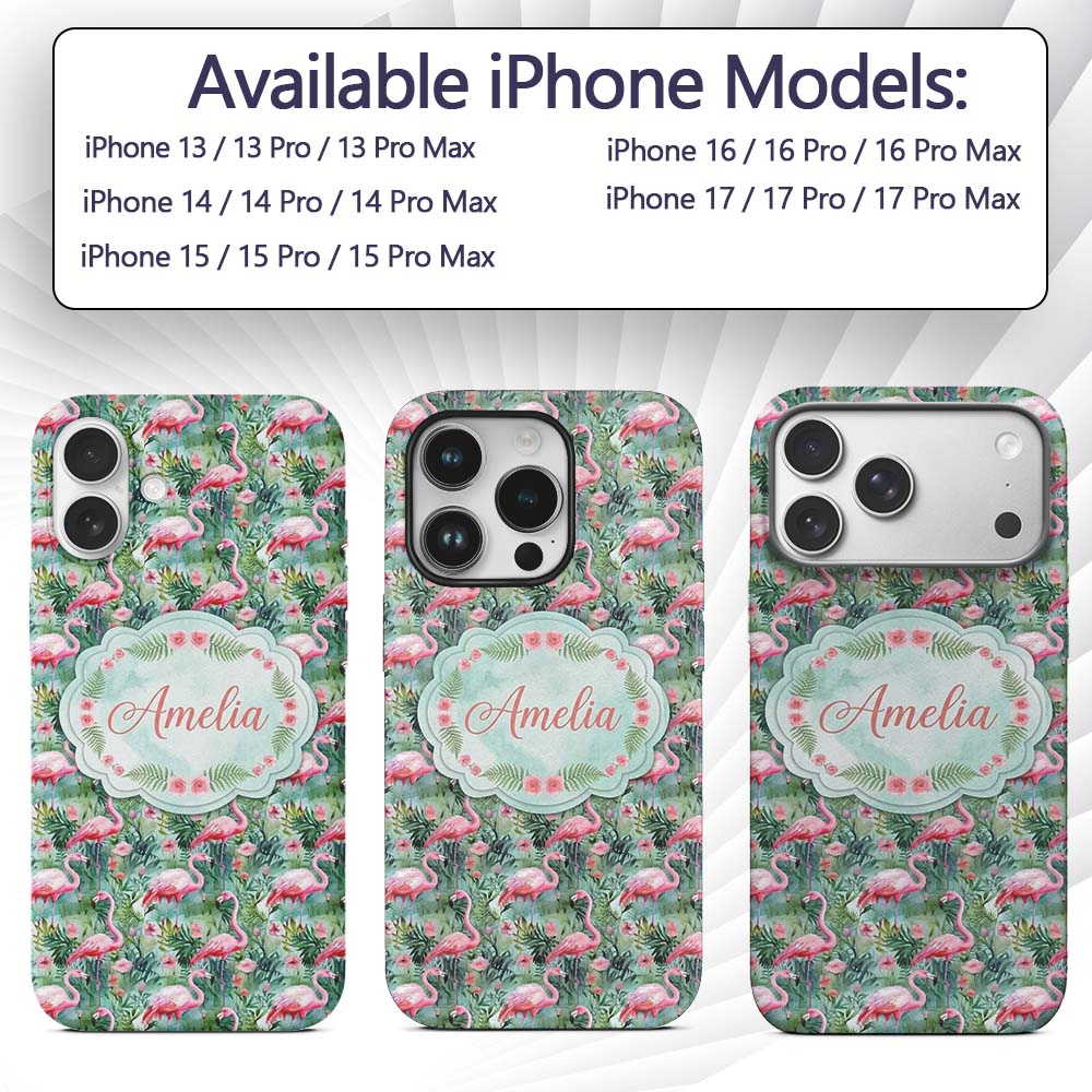 Flamingo Birds Botanical Floral Jungle Seamless Custom Name Protective Phone Case Mobile Cover Durable Everyday Smartphone Shock Resistant