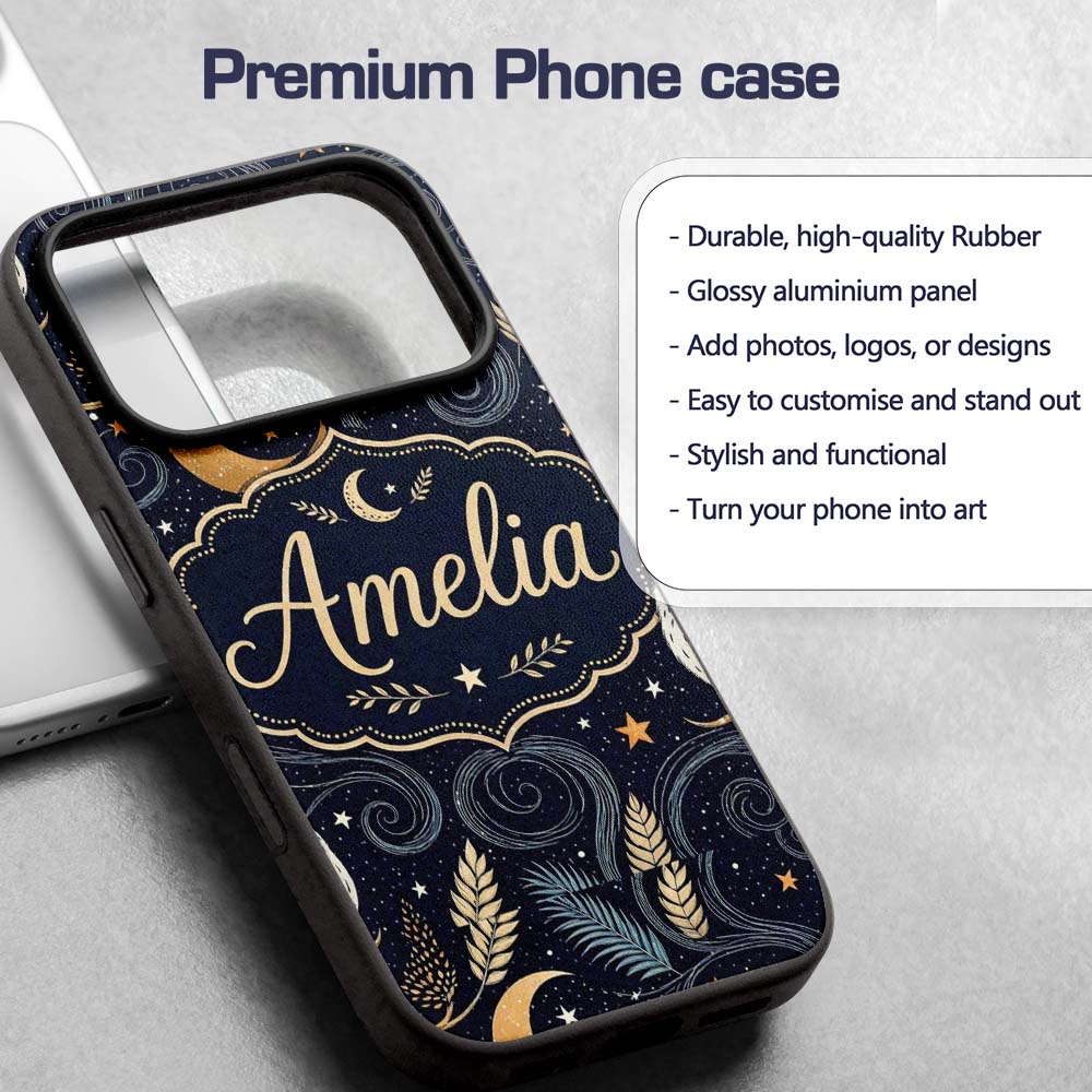 Owl Moon Stars Night Sky Botanical Printed Design Custom Name Protective Phone Case Mobile Cover Durable Everyday Smartphone Shock Resistant