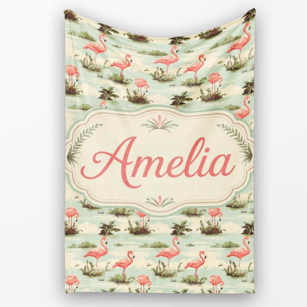 Vintage Flamingo Birds Lake Scene Nature Seamless Pattern Custom  Personalised Custom Name Super Soft Fleece Blanket Bed Sofa Throw