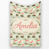 Vintage Flamingo Birds Lake Scene Nature Seamless Pattern Custom  Personalised Custom Name Super Soft Fleece Blanket Bed Sofa Throw