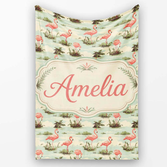 Vintage Flamingo Birds Lake Scene Nature Seamless Pattern Custom  Personalised Custom Name Super Soft Fleece Blanket Bed Sofa Throw