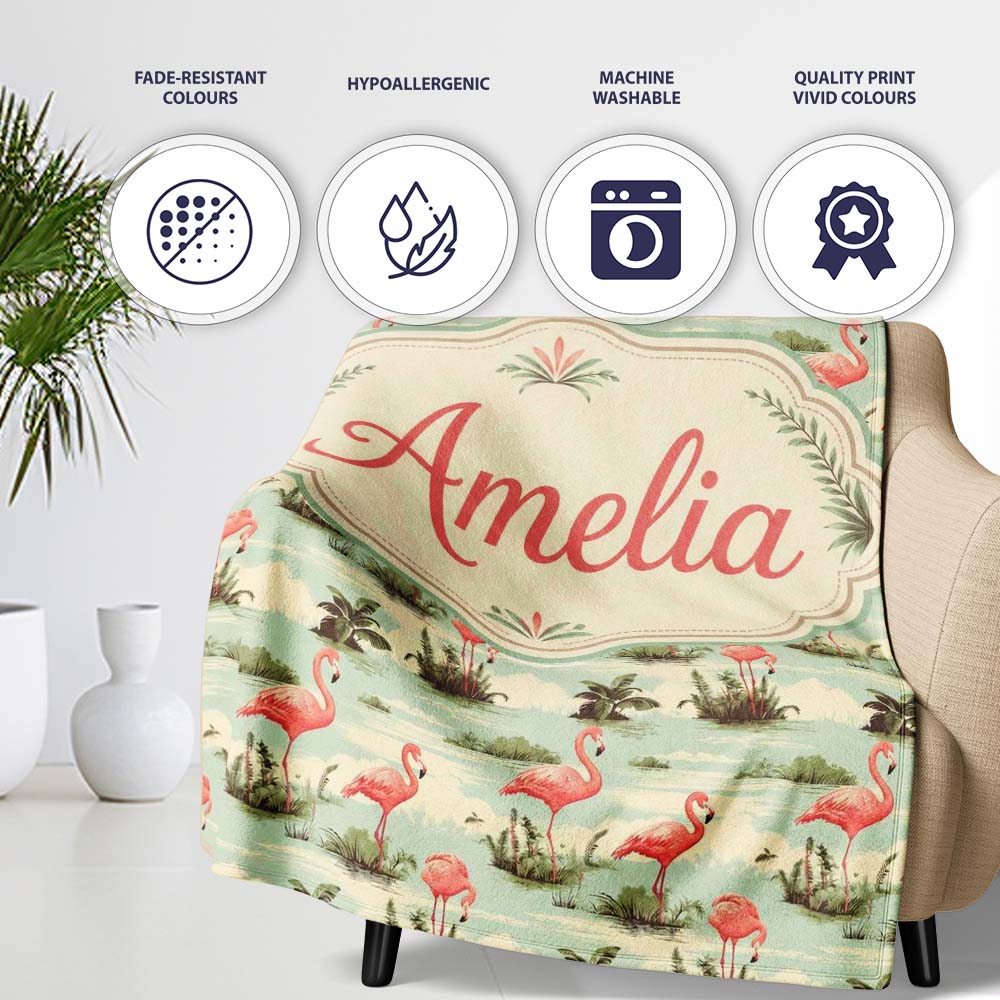 Vintage Flamingo Birds Lake Scene Nature Seamless Pattern Custom  Personalised Custom Name Super Soft Fleece Blanket Bed Sofa Throw