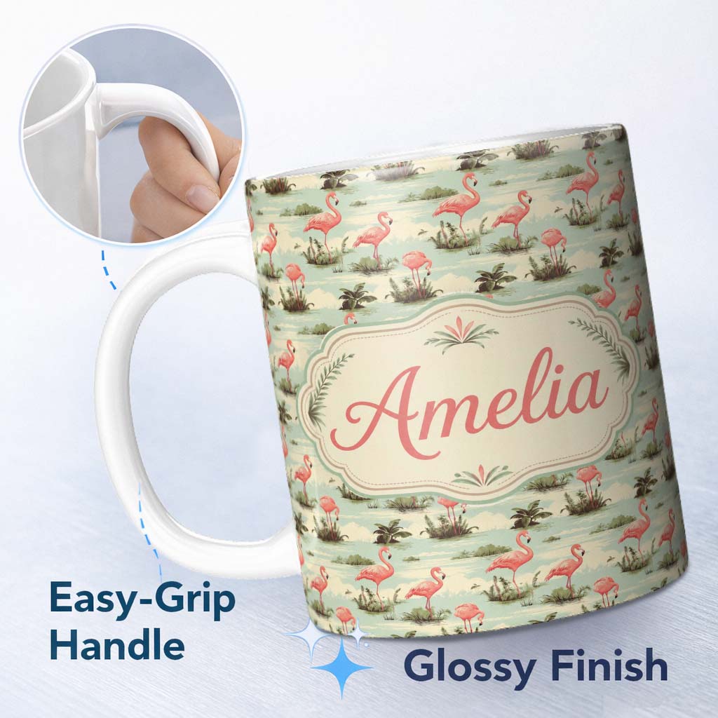 Personalized Custom Name Vintage Flamingo Birds Lake Scene Nature Seamless Pattern Custom 11oz Ceramic Coffee Tea Mug White Large Handle