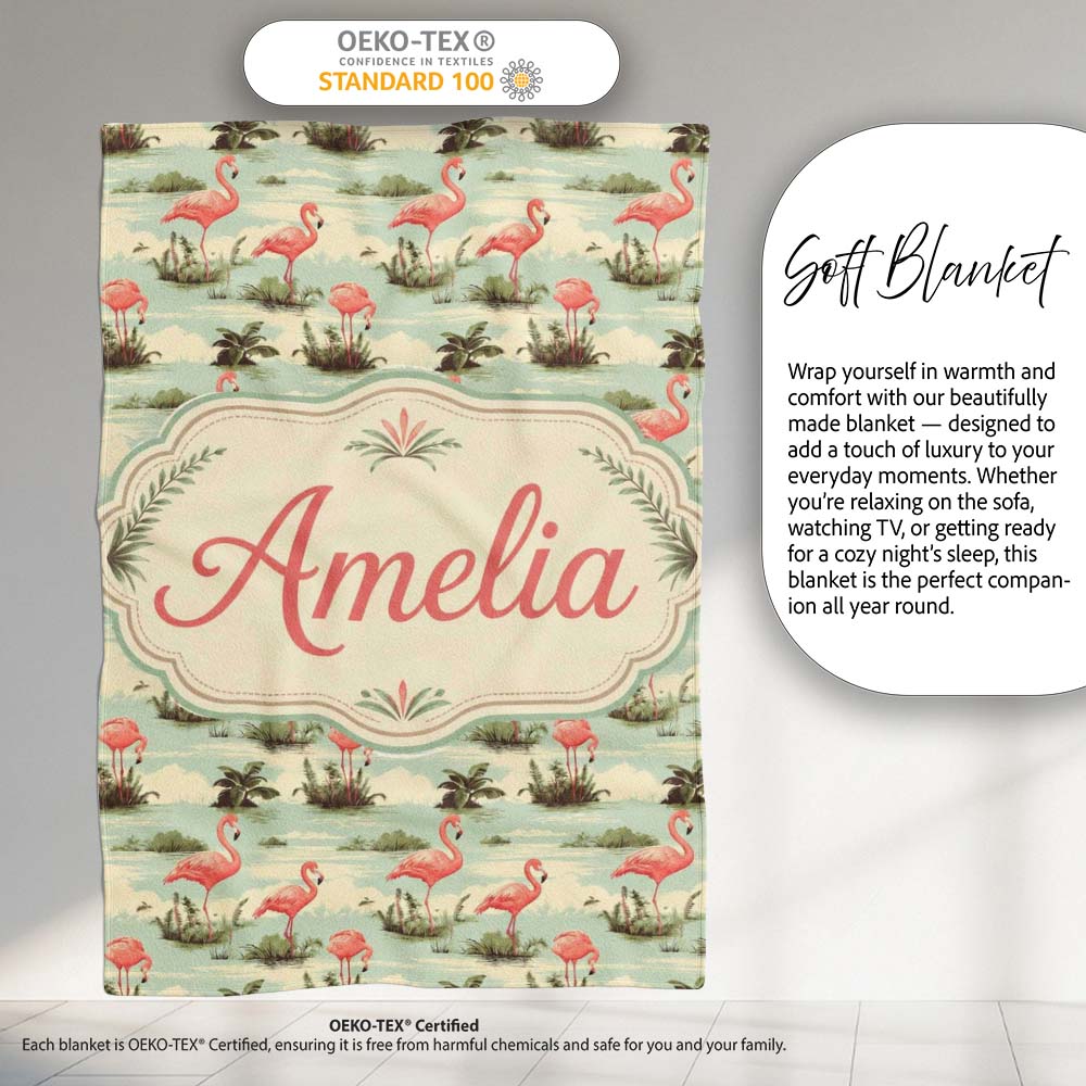 Vintage Flamingo Birds Lake Scene Nature Seamless Pattern Custom  Personalised Custom Name Super Soft Fleece Blanket Bed Sofa Throw