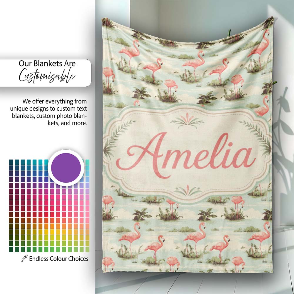 Vintage Flamingo Birds Lake Scene Nature Seamless Pattern Custom  Personalised Custom Name Super Soft Fleece Blanket Bed Sofa Throw