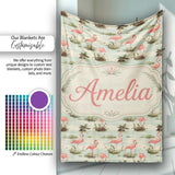 Vintage Flamingo Birds Lake Scene Nature Seamless Pattern Custom  Personalised Custom Name Super Soft Fleece Blanket Bed Sofa Throw
