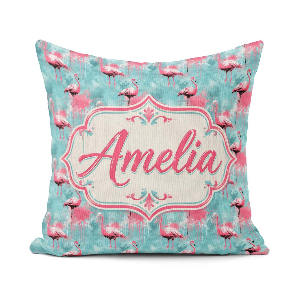 Custom Name Grunge Style Flamingo Birds Abstract Splash Seamless Square Filled Cushion Throw Pillow Sofa Bed Home Decor Zip Washable UK Made