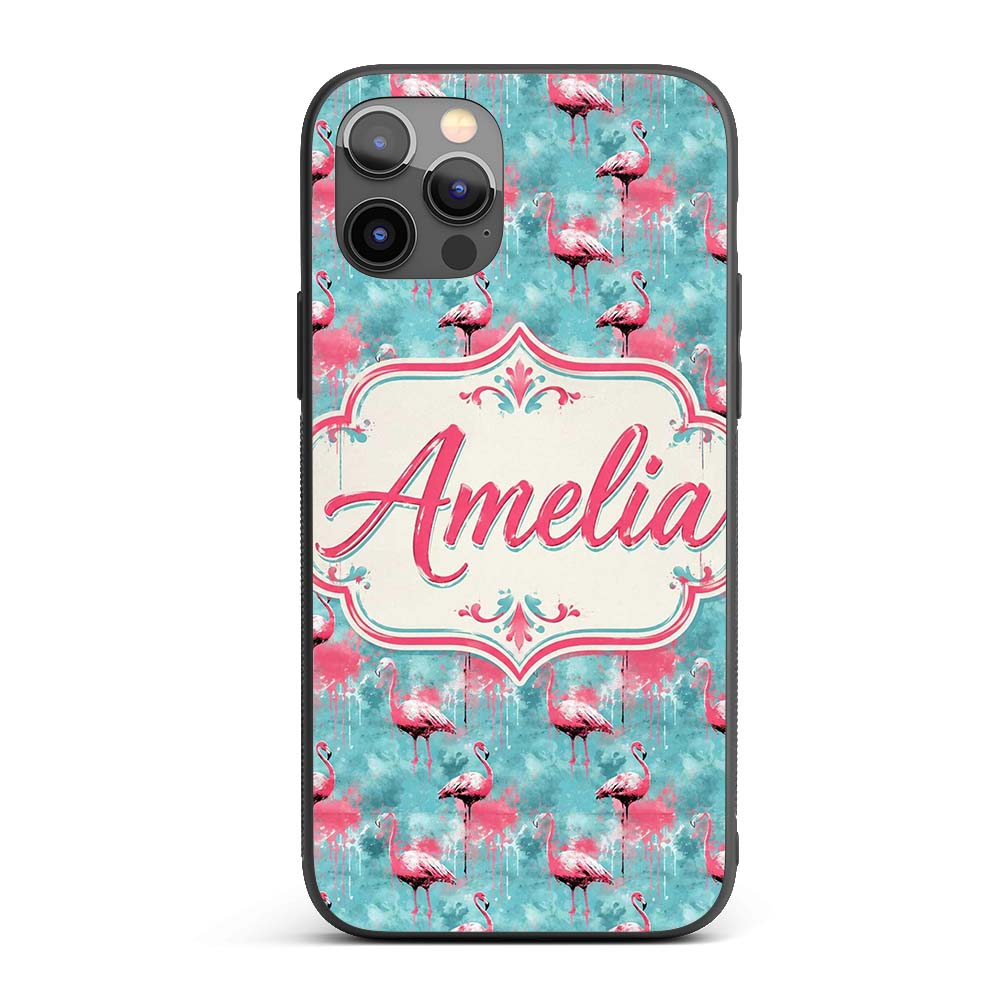 Grunge Style Flamingo Birds Decorative Design Custom Name Protective Phone Case Mobile Cover Durable Everyday Smartphone Shock Resistant