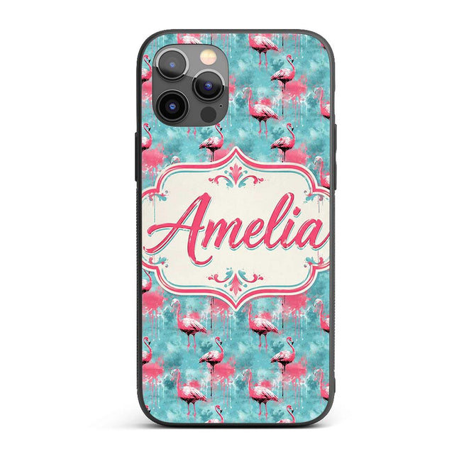 Grunge Style Flamingo Birds Decorative Design Custom Name Protective Phone Case Mobile Cover Durable Everyday Smartphone Shock Resistant