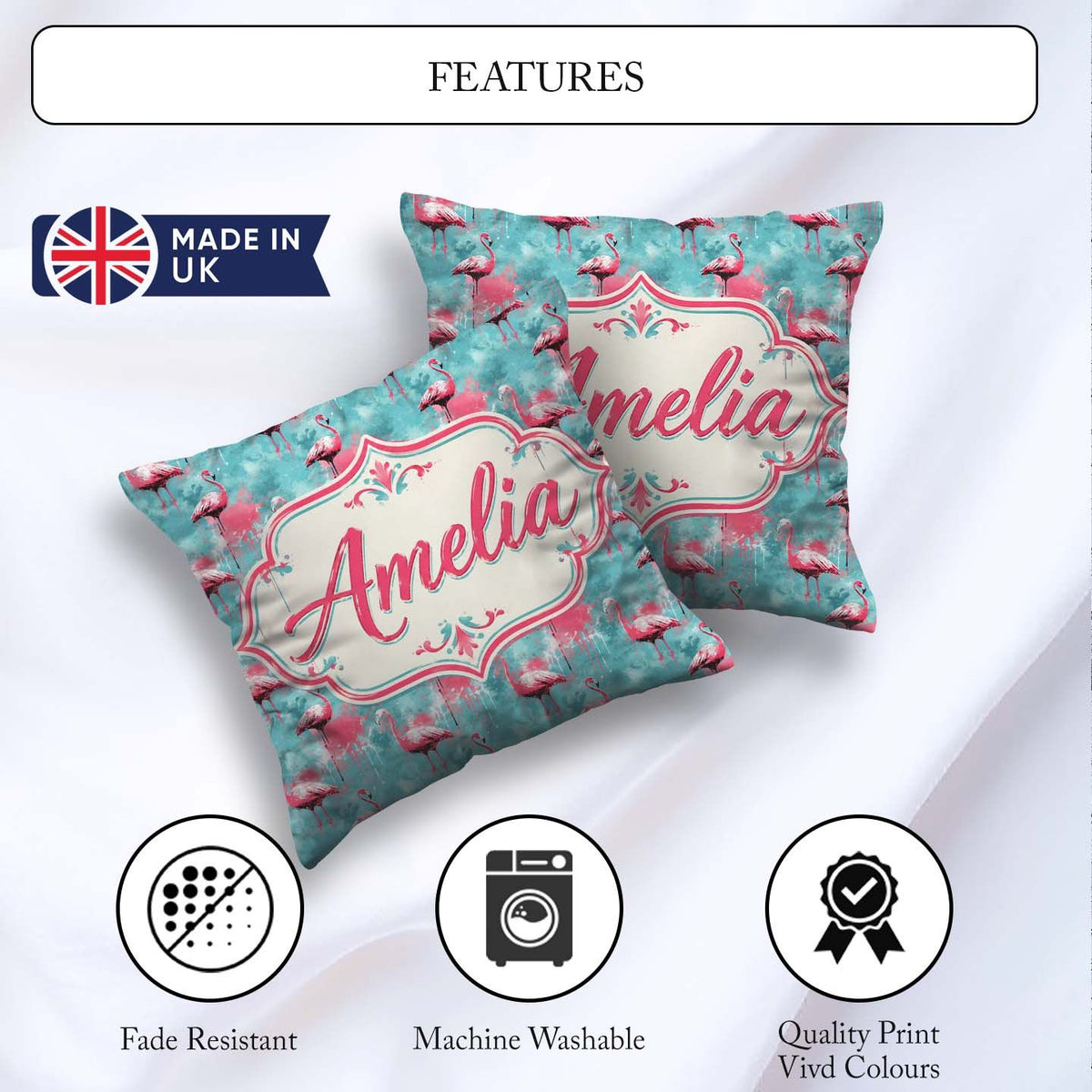 Custom Name Grunge Style Flamingo Birds Abstract Splash Seamless Square Filled Cushion Throw Pillow Sofa Bed Home Decor Zip Washable UK Made