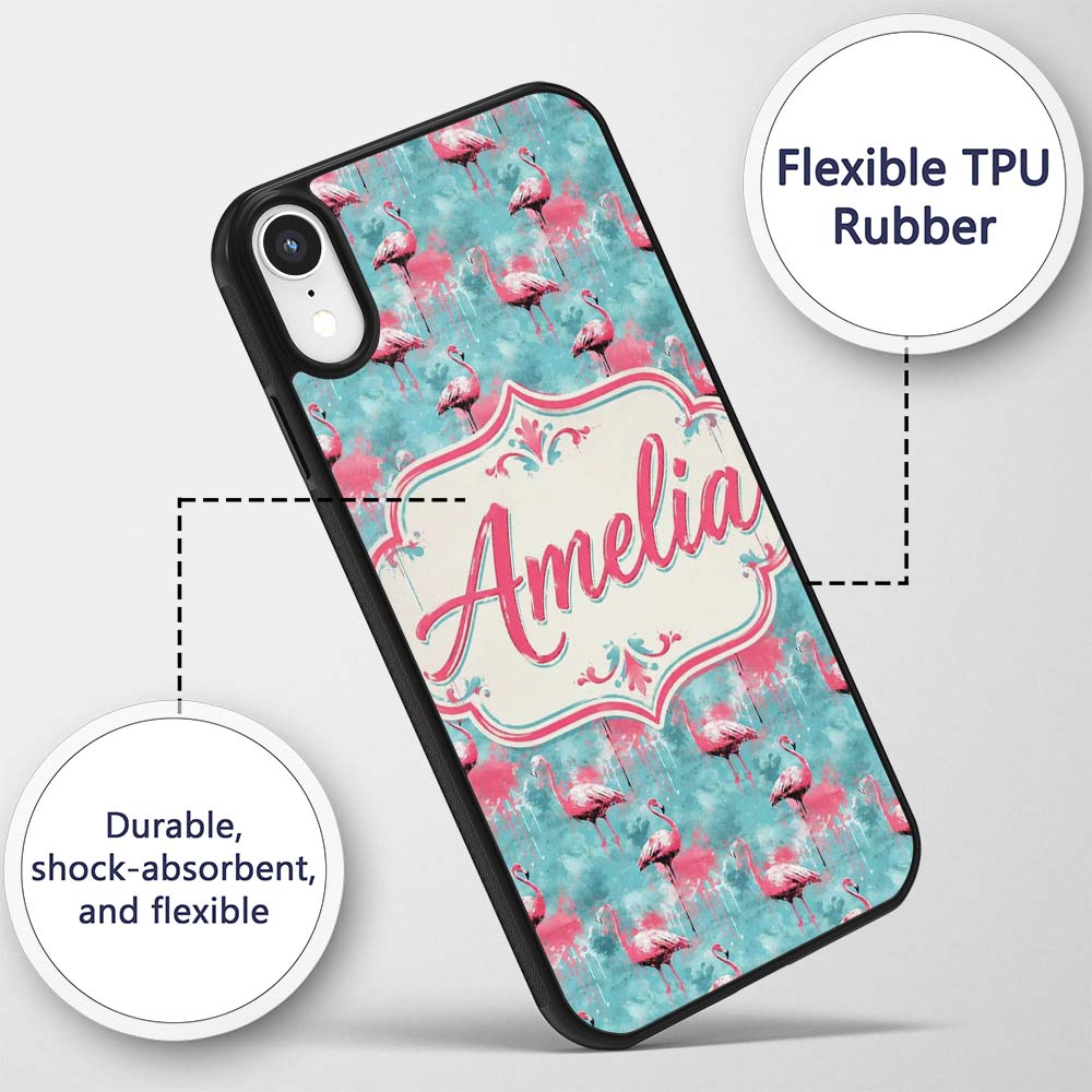 Grunge Style Flamingo Birds Decorative Design Custom Name Protective Phone Case Mobile Cover Durable Everyday Smartphone Shock Resistant