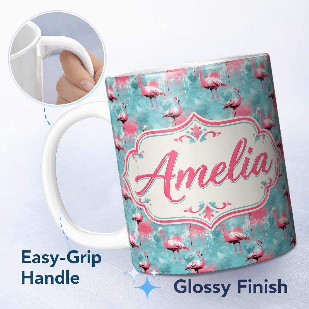 Personalized Custom Name Grunge Style Flamingo Birds Abstract Splash Seamless Pattern Name 11oz Ceramic Coffee Tea Mug White Large Handle