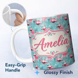 Personalized Custom Name Grunge Style Flamingo Birds Abstract Splash Seamless Pattern Name 11oz Ceramic Coffee Tea Mug White Large Handle