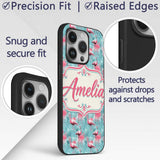 Grunge Style Flamingo Birds Decorative Design Custom Name Protective Phone Case Mobile Cover Durable Everyday Smartphone Shock Resistant