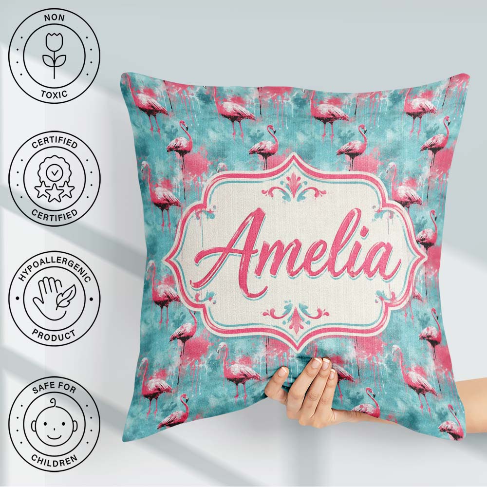 Custom Name Grunge Style Flamingo Birds Abstract Splash Seamless Square Filled Cushion Throw Pillow Sofa Bed Home Decor Zip Washable UK Made