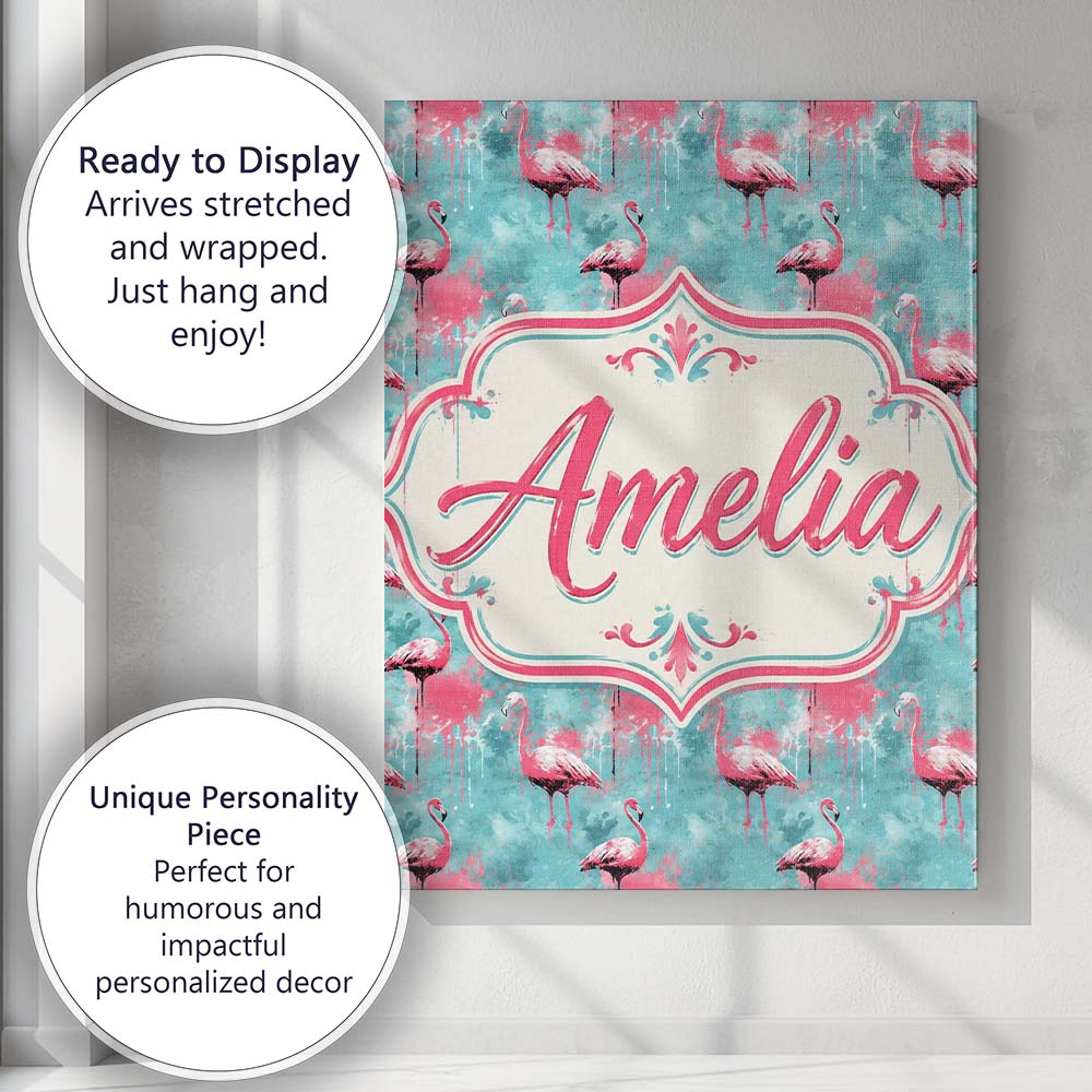 Personalised Name Grunge Style Flamingo Custom  Modern Room Accent Elegant Feature Canvas Wall Art Print Decor Picture Ready to Hang