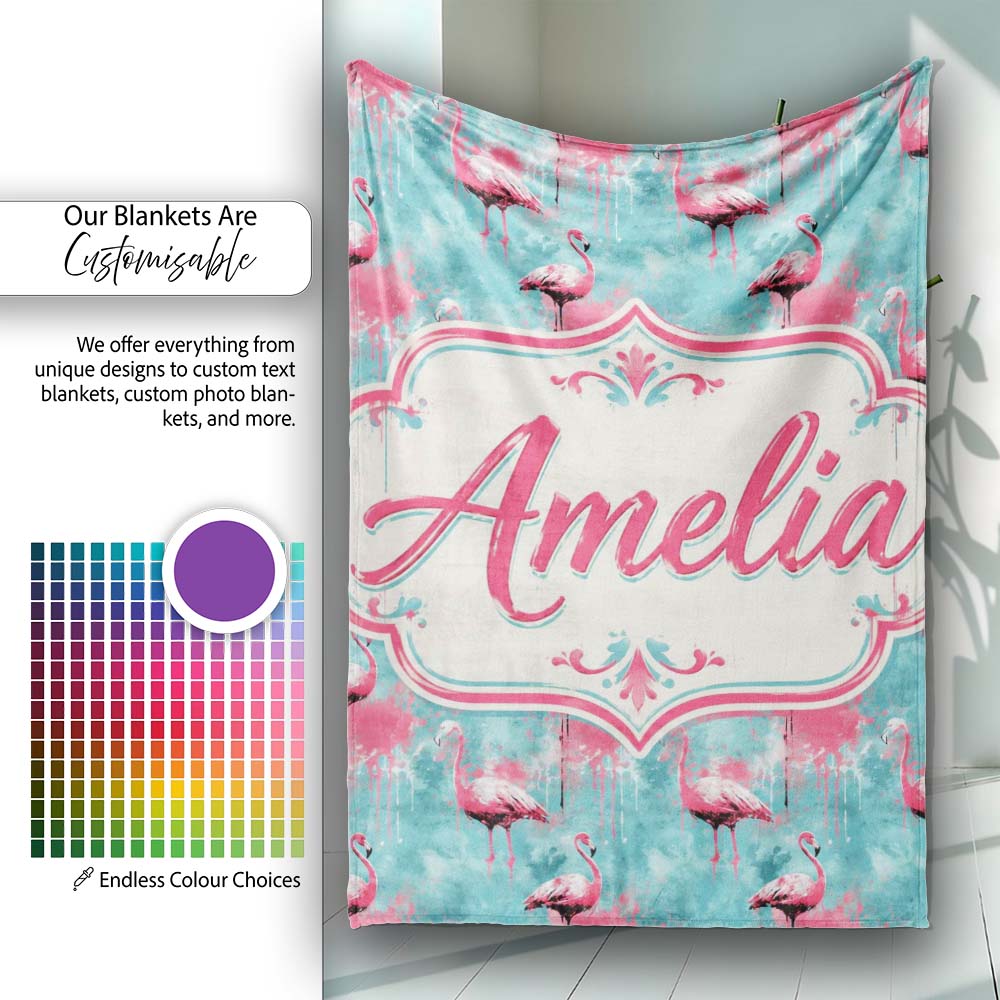 Grunge Style Flamingo Birds Abstract Splash Seamless Pattern Name  Personalised Custom Name Super Soft Fleece Blanket Bed Sofa Throw