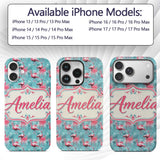 Grunge Style Flamingo Birds Decorative Design Custom Name Protective Phone Case Mobile Cover Durable Everyday Smartphone Shock Resistant