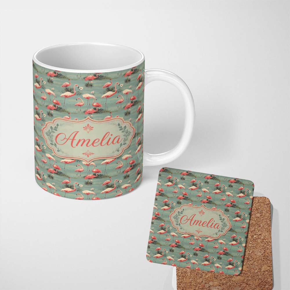 Personalized Custom Name Elegant Flamingo Birds Wetland Nature Seamless Pattern Name Cute 11oz Ceramic Coffee Tea Mug White Large Handle