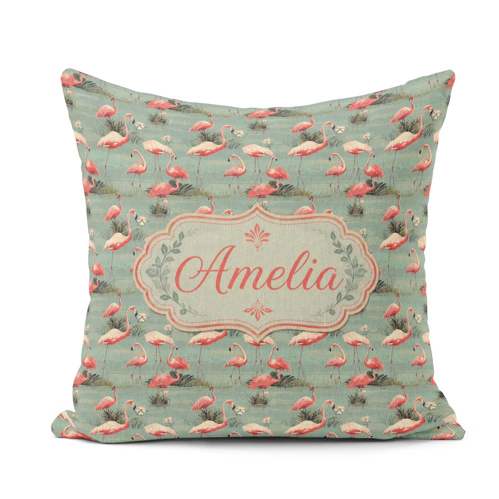 Custom Name Elegant Flamingo Birds Wetland Seamless Pattern Name Square Filled Cushion Throw Pillow Sofa Bed Home Decor Zip Washable UK Made