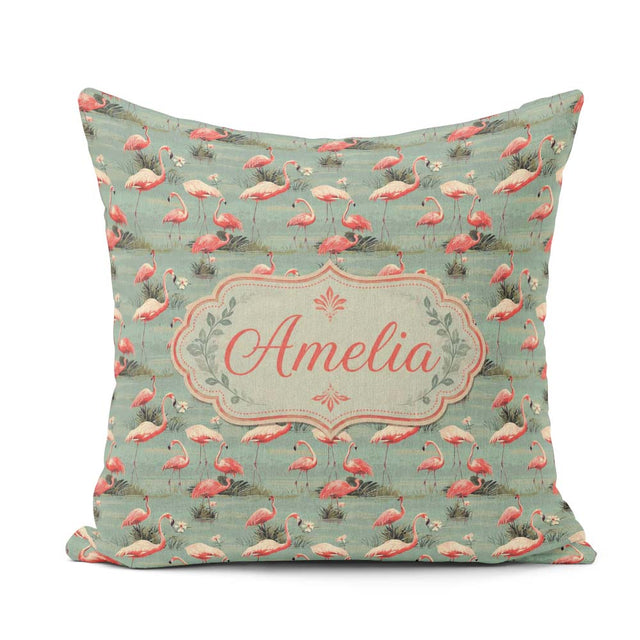 Custom Name Elegant Flamingo Birds Wetland Seamless Pattern Name Square Filled Cushion Throw Pillow Sofa Bed Home Decor Zip Washable UK Made
