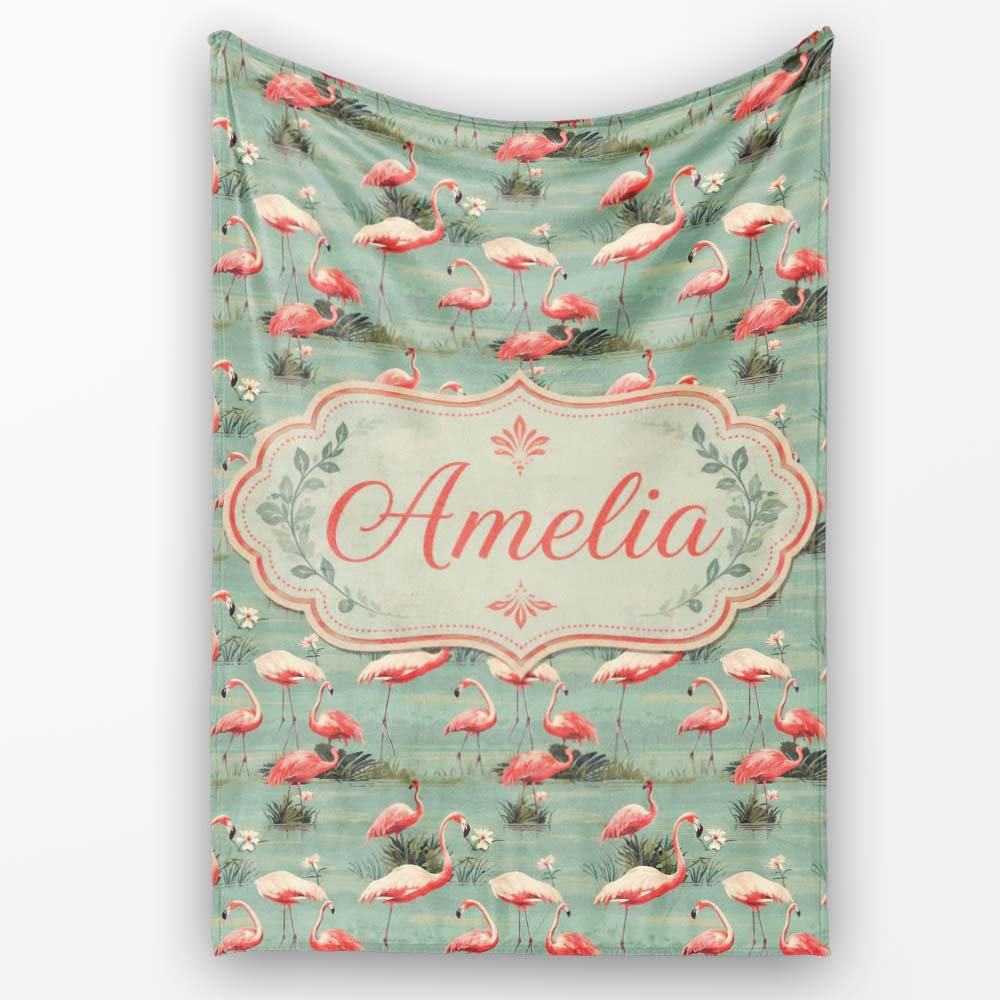 Elegant Flamingo Birds Wetland Nature Seamless Pattern Name Cute  Personalised Custom Name Super Soft Fleece Blanket Bed Sofa Throw