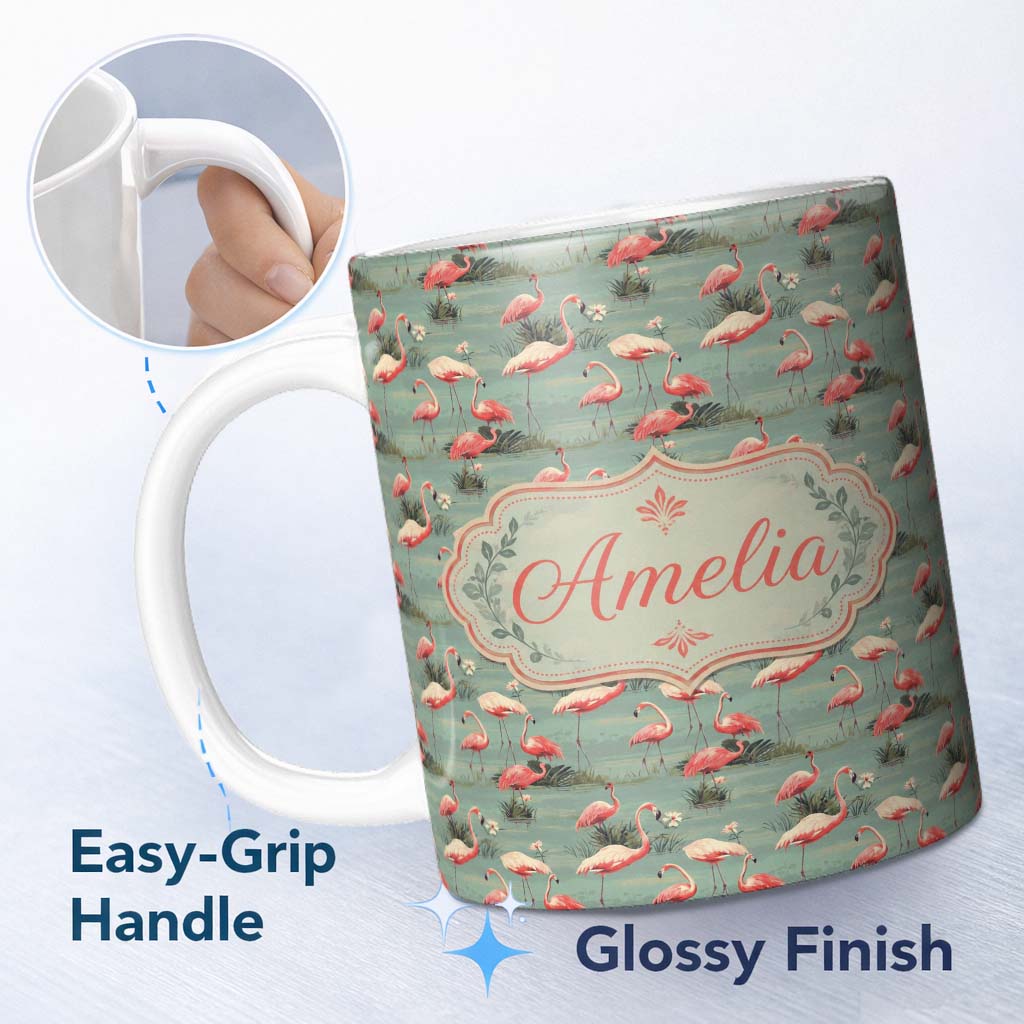 Personalized Custom Name Elegant Flamingo Birds Wetland Nature Seamless Pattern Name Cute 11oz Ceramic Coffee Tea Mug White Large Handle