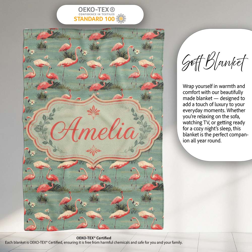 Elegant Flamingo Birds Wetland Nature Seamless Pattern Name Cute  Personalised Custom Name Super Soft Fleece Blanket Bed Sofa Throw