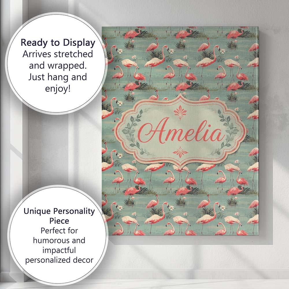 Personalised Name Elegant Flamingo Birds Custom  Interior Decorative Contemporary Canvas Wall Art Print Decor Picture Ready to Hang