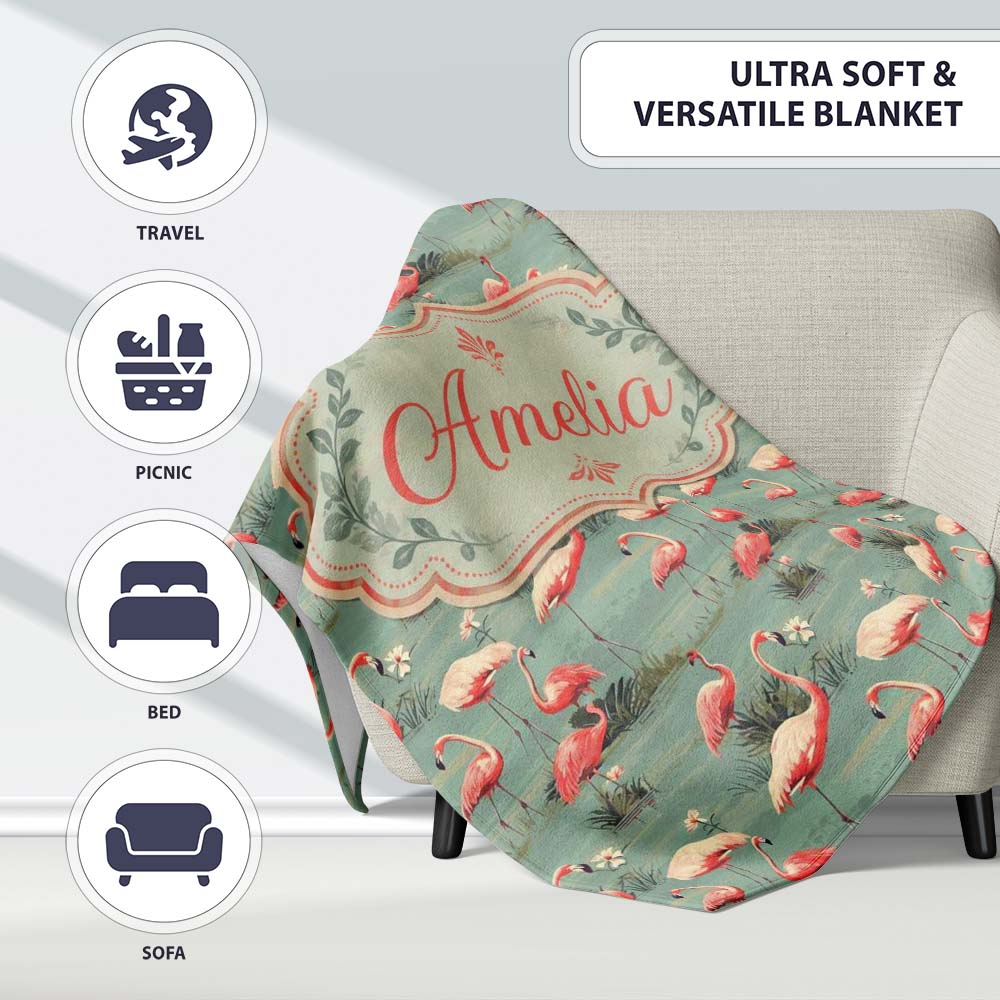 Elegant Flamingo Birds Wetland Nature Seamless Pattern Name Cute  Personalised Custom Name Super Soft Fleece Blanket Bed Sofa Throw