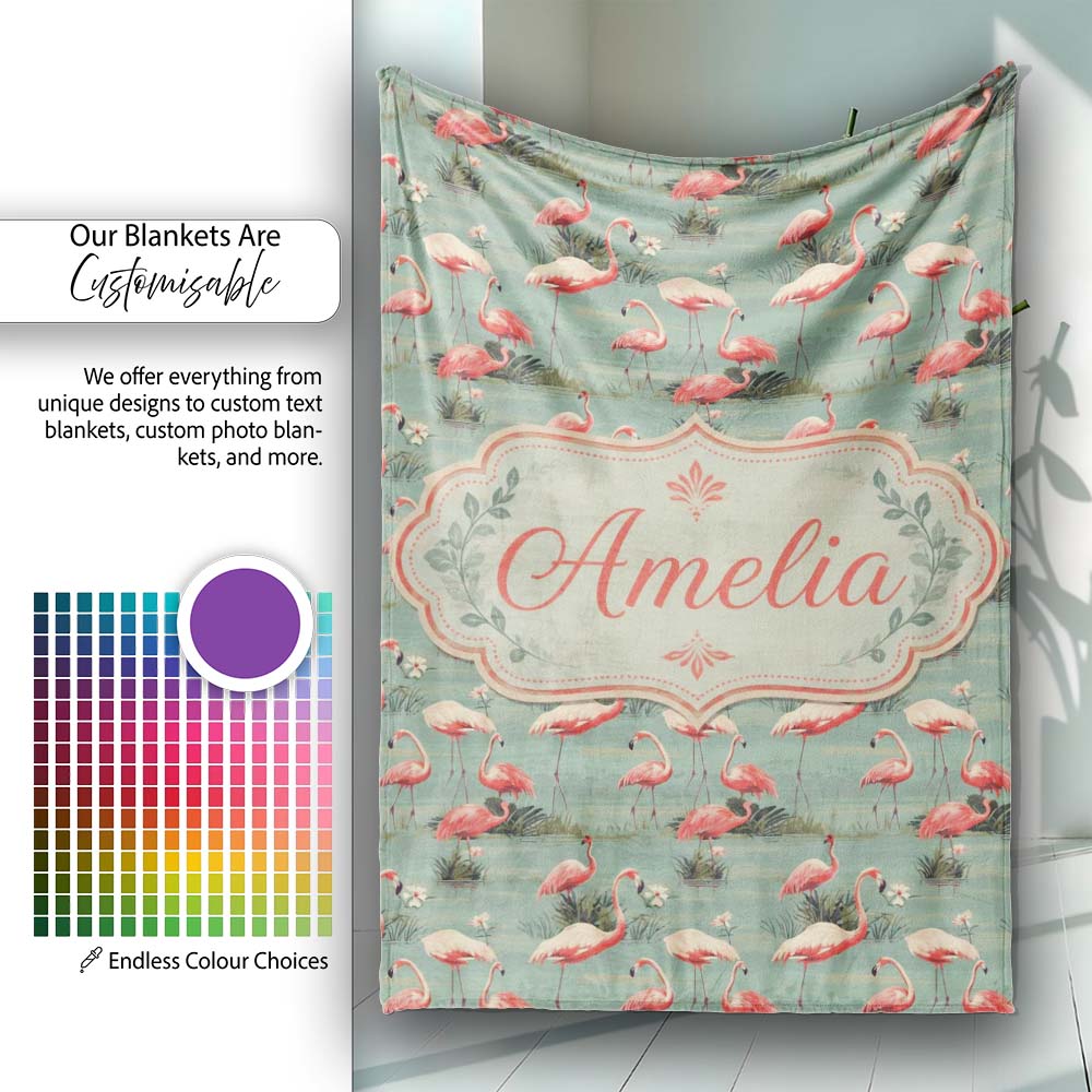 Elegant Flamingo Birds Wetland Nature Seamless Pattern Name Cute  Personalised Custom Name Super Soft Fleece Blanket Bed Sofa Throw