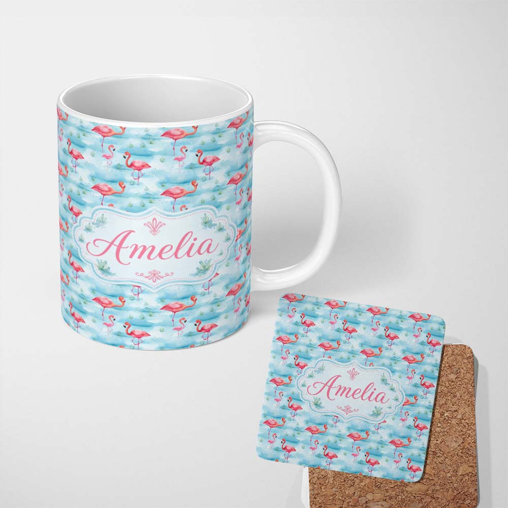 Personalized Custom Name Cute Pink Flamingo Birds in Soft Blue Watercolor Lagoon Seamless 11oz Ceramic Coffee Tea Mug White Large Handle
