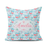Custom Name Pink Flamingo Birds in Soft Blue Watercolor Seamless Square Filled Cushion Throw Pillow Sofa Bed Home Decor Zip Washable UK Made