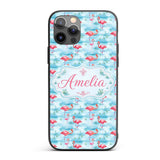 Cute Pink Flamingo Birds in Soft Blue Watercolor Custom Name Protective Phone Case Mobile Cover Durable Everyday Smartphone Shock Resistant