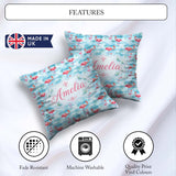 Custom Name Pink Flamingo Birds in Soft Blue Watercolor Seamless Square Filled Cushion Throw Pillow Sofa Bed Home Decor Zip Washable UK Made