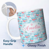 Personalized Custom Name Cute Pink Flamingo Birds in Soft Blue Watercolor Lagoon Seamless 11oz Ceramic Coffee Tea Mug White Large Handle
