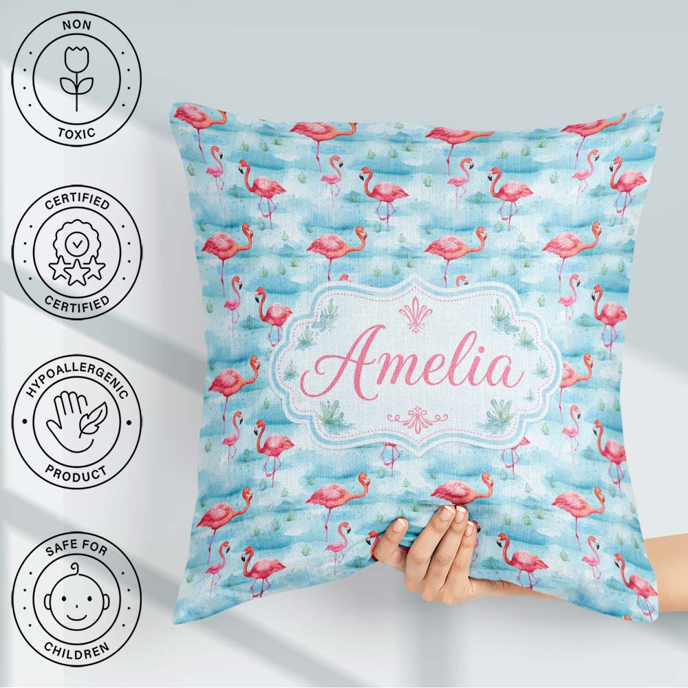 Custom Name Pink Flamingo Birds in Soft Blue Watercolor Seamless Square Filled Cushion Throw Pillow Sofa Bed Home Decor Zip Washable UK Made