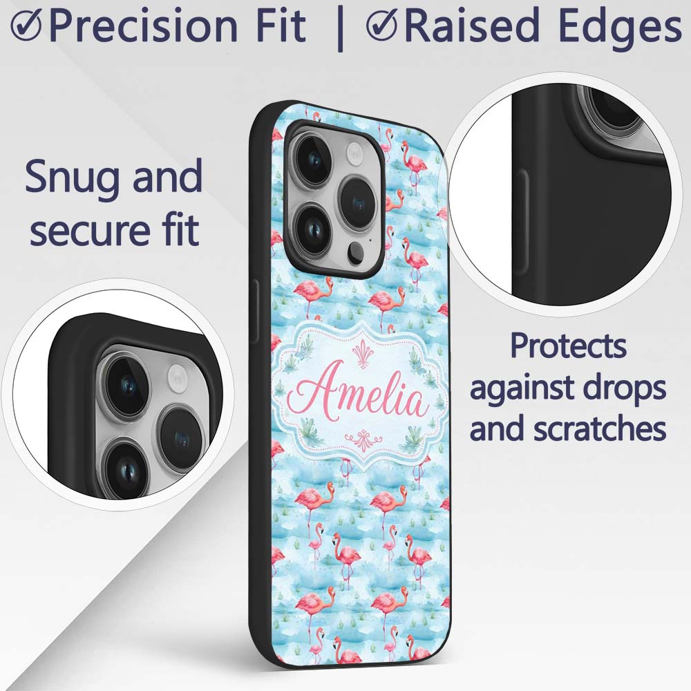 Cute Pink Flamingo Birds in Soft Blue Watercolor Custom Name Protective Phone Case Mobile Cover Durable Everyday Smartphone Shock Resistant