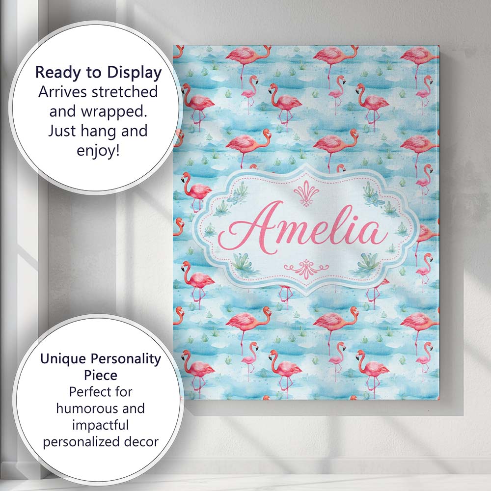 Personalised Name Cute Pink Flamingo Birds Custom  Unique Gift Idea Elegant Feature Canvas Wall Art Print Decor Picture Ready to Hang
