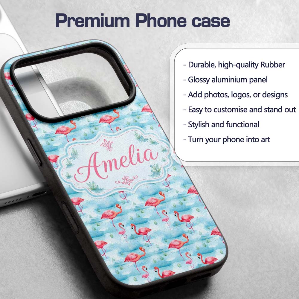 Cute Pink Flamingo Birds in Soft Blue Watercolor Custom Name Protective Phone Case Mobile Cover Durable Everyday Smartphone Shock Resistant