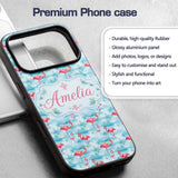 Cute Pink Flamingo Birds in Soft Blue Watercolor Custom Name Protective Phone Case Mobile Cover Durable Everyday Smartphone Shock Resistant