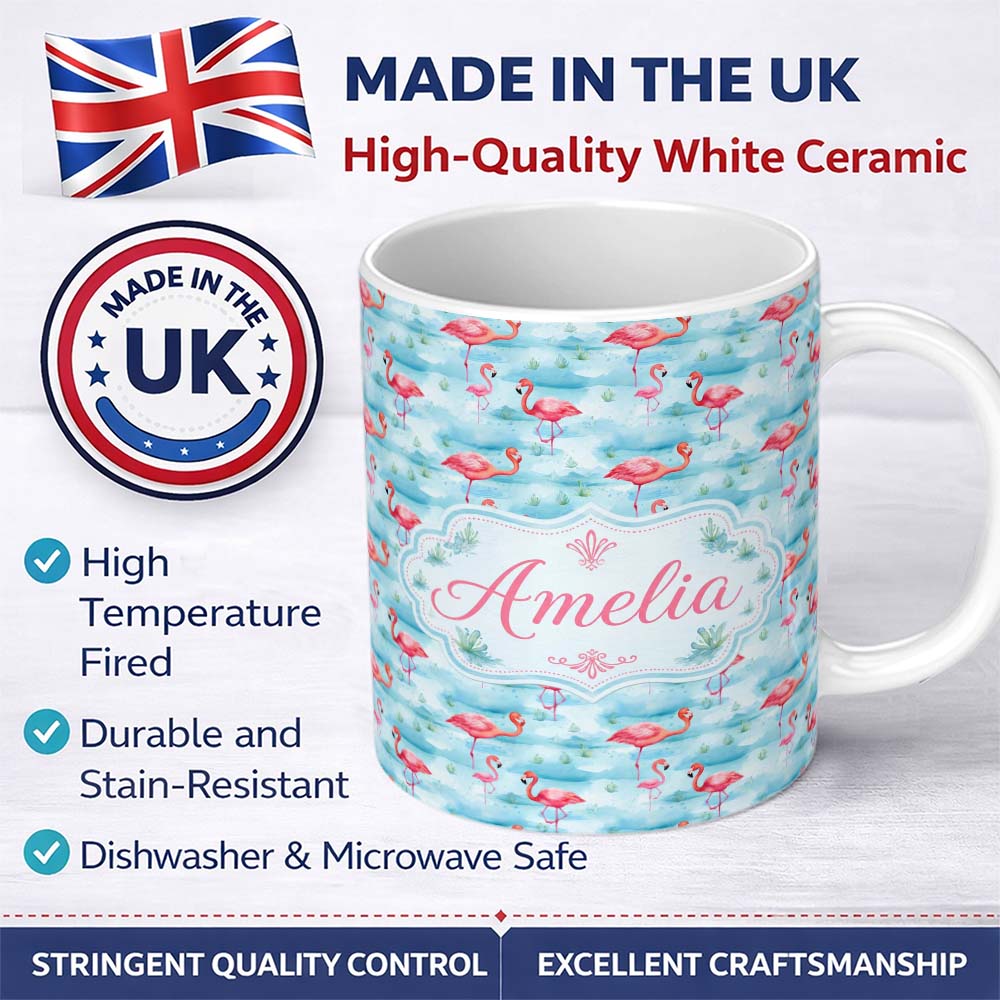 Personalized Custom Name Cute Pink Flamingo Birds in Soft Blue Watercolor Lagoon Seamless 11oz Ceramic Coffee Tea Mug White Large Handle