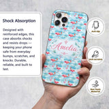 Cute Pink Flamingo Birds in Soft Blue Watercolor Custom Name Protective Phone Case Mobile Cover Durable Everyday Smartphone Shock Resistant