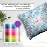 Custom Name Pink Flamingo Birds in Soft Blue Watercolor Seamless Square Filled Cushion Throw Pillow Sofa Bed Home Decor Zip Washable UK Made