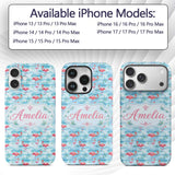 Cute Pink Flamingo Birds in Soft Blue Watercolor Custom Name Protective Phone Case Mobile Cover Durable Everyday Smartphone Shock Resistant